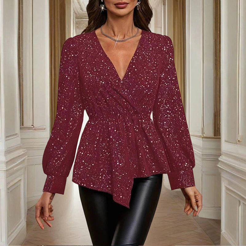 Women's Asymmetrical Hem Solid Color V-Neck Long Sleeve Blouse - Stylish Casual Flash Top For Spring&Fall