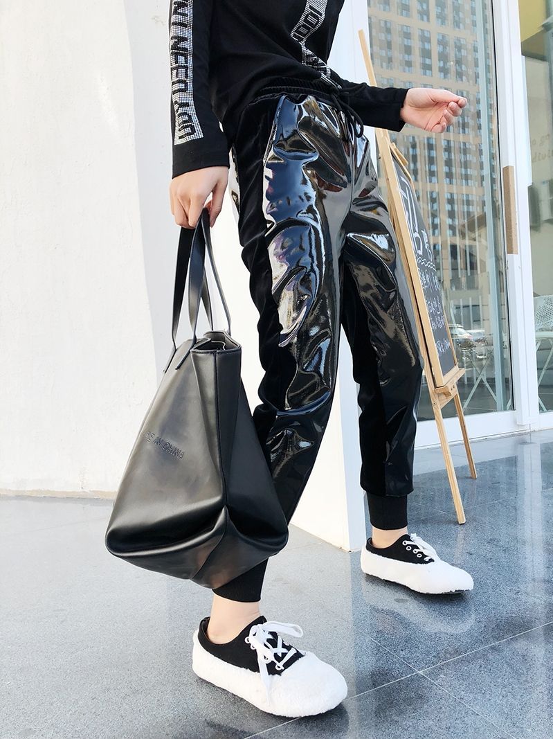 Elastic Waist Bright Leather Velvet Track Pants