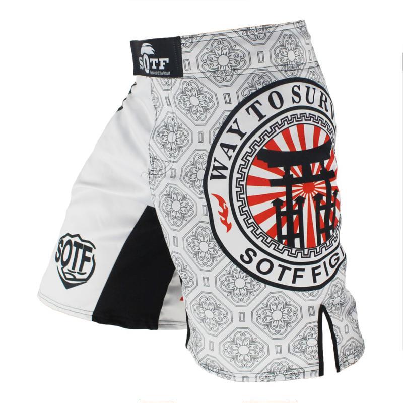 Martial arts shorts with a prominent logo and design on a white background
