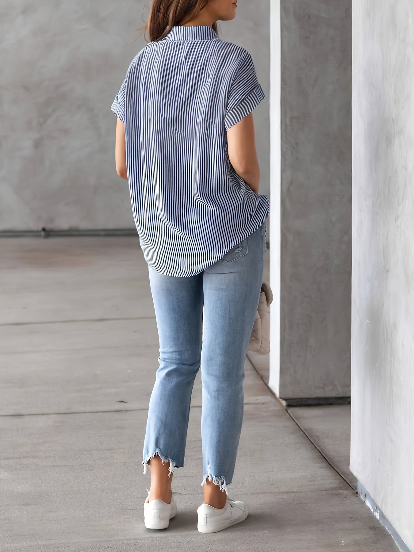 Lumié Vertical Striped Button-Up Shirt – Elegant Short Sleeve Blouse for Women