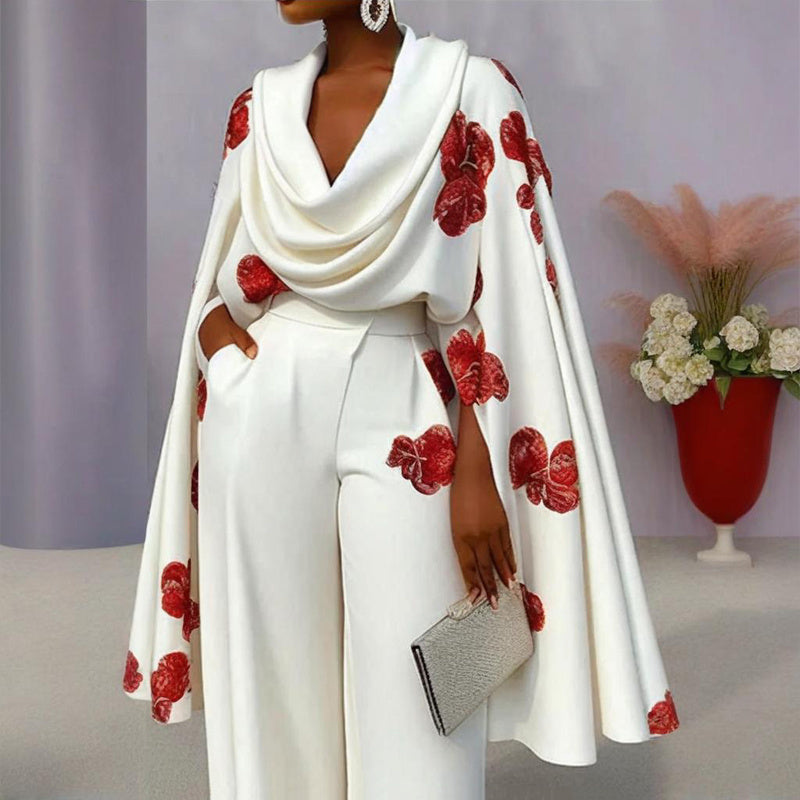 Driftwear Women’s Floral Print Mock Neck Long Sleeve Top & Wide Leg Pants Set